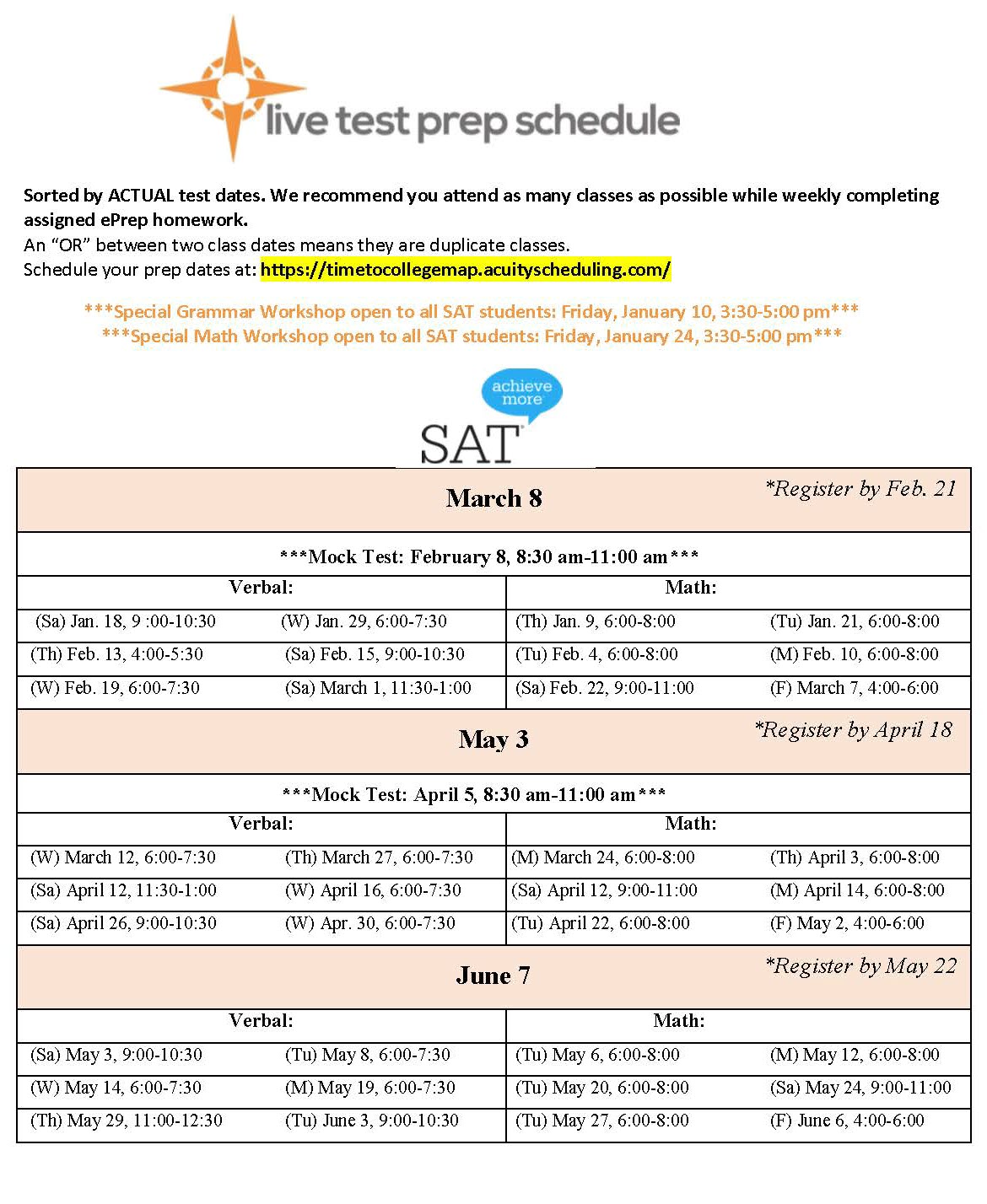 SAT live test prep schedule with dates